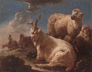 unknow artist, An evening landscape with goat and sheep resting in the foreground,a herdsman beyond